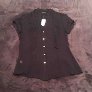 EXPRESS Short Sleeve Button Down Sheer Silk Blouse - Black (Size: Small)
